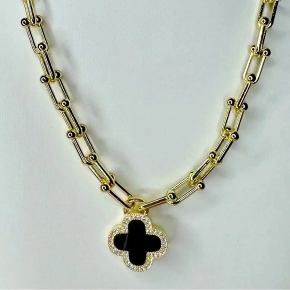Equestrian Hardware Necklace with Black Quatrefoil Charm - Picture 1 of 4